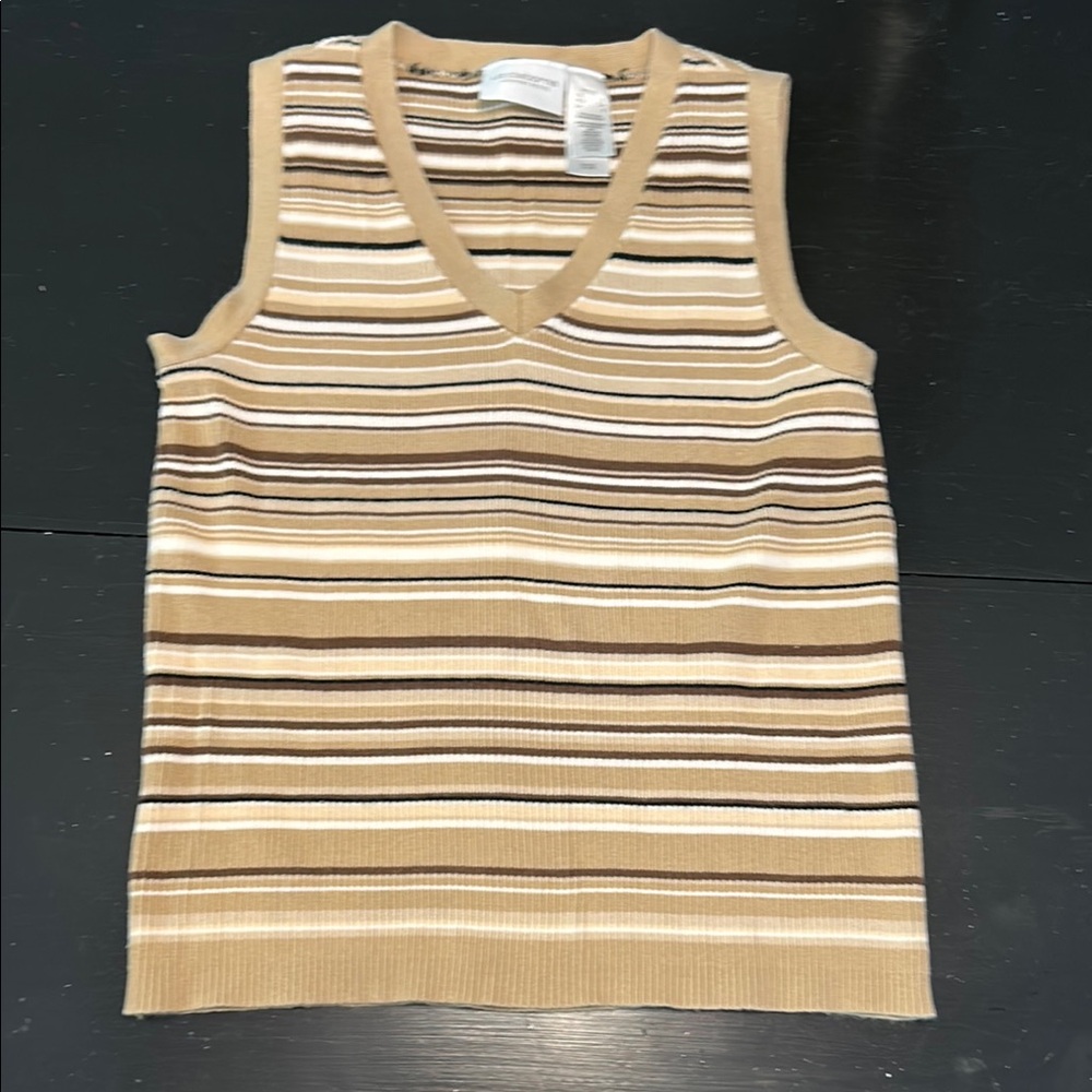 Liz Claiborne Cream and Brown Ribbed Sleeveless Tank Top